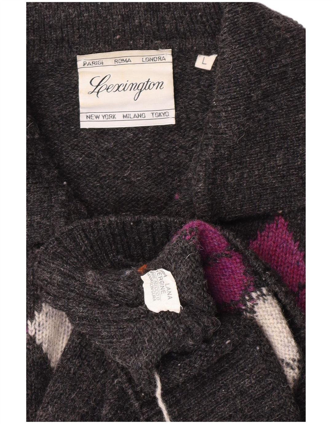 Maglione vintage da uomo con collo alto, grande lana vergine grigia a rombi/diamanti