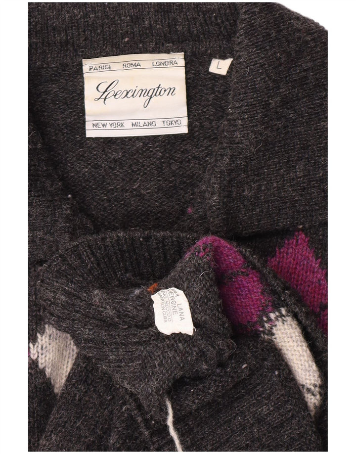 Maglione vintage da uomo con collo alto, grande lana vergine grigia a rombi/diamanti