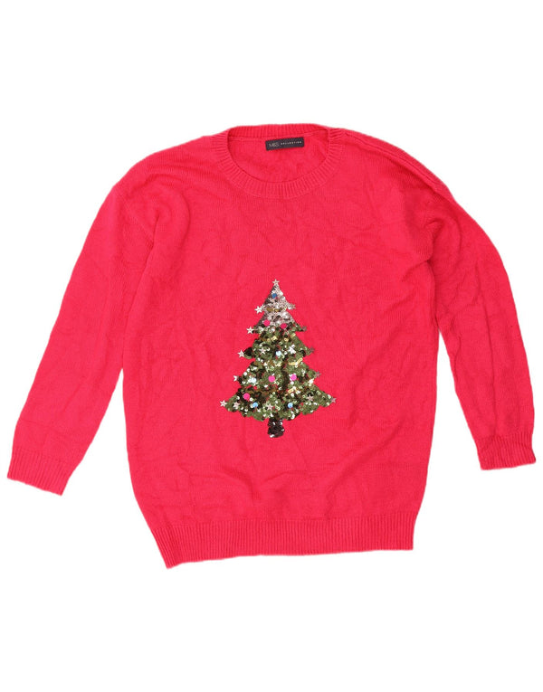Marks & Spencer Womens Crew Neck Jumper Sweater UK 14 Medium Pink Christmas