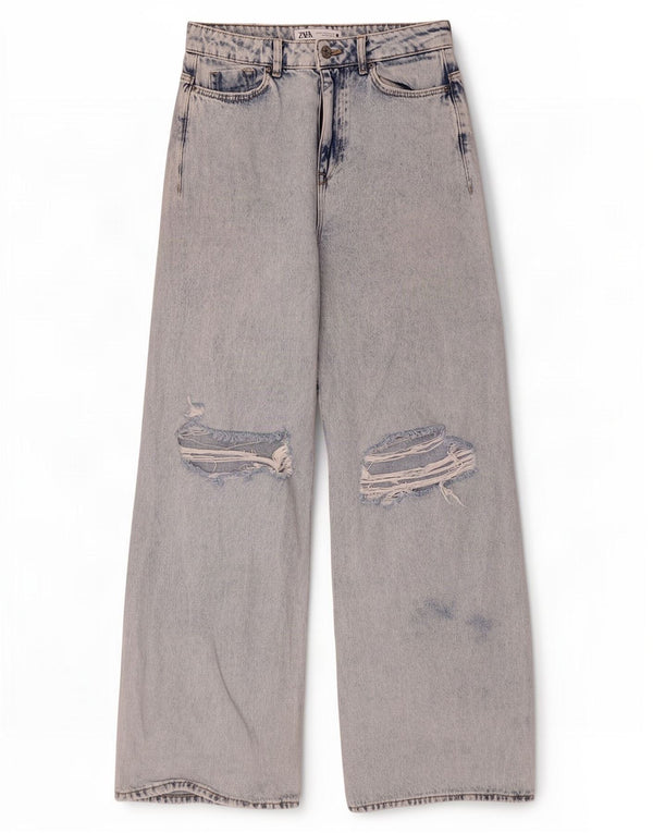 Jeans Zara da donna a gamba larga effetto invecchiato EU 38 piccolo W28 L32 cotone blu