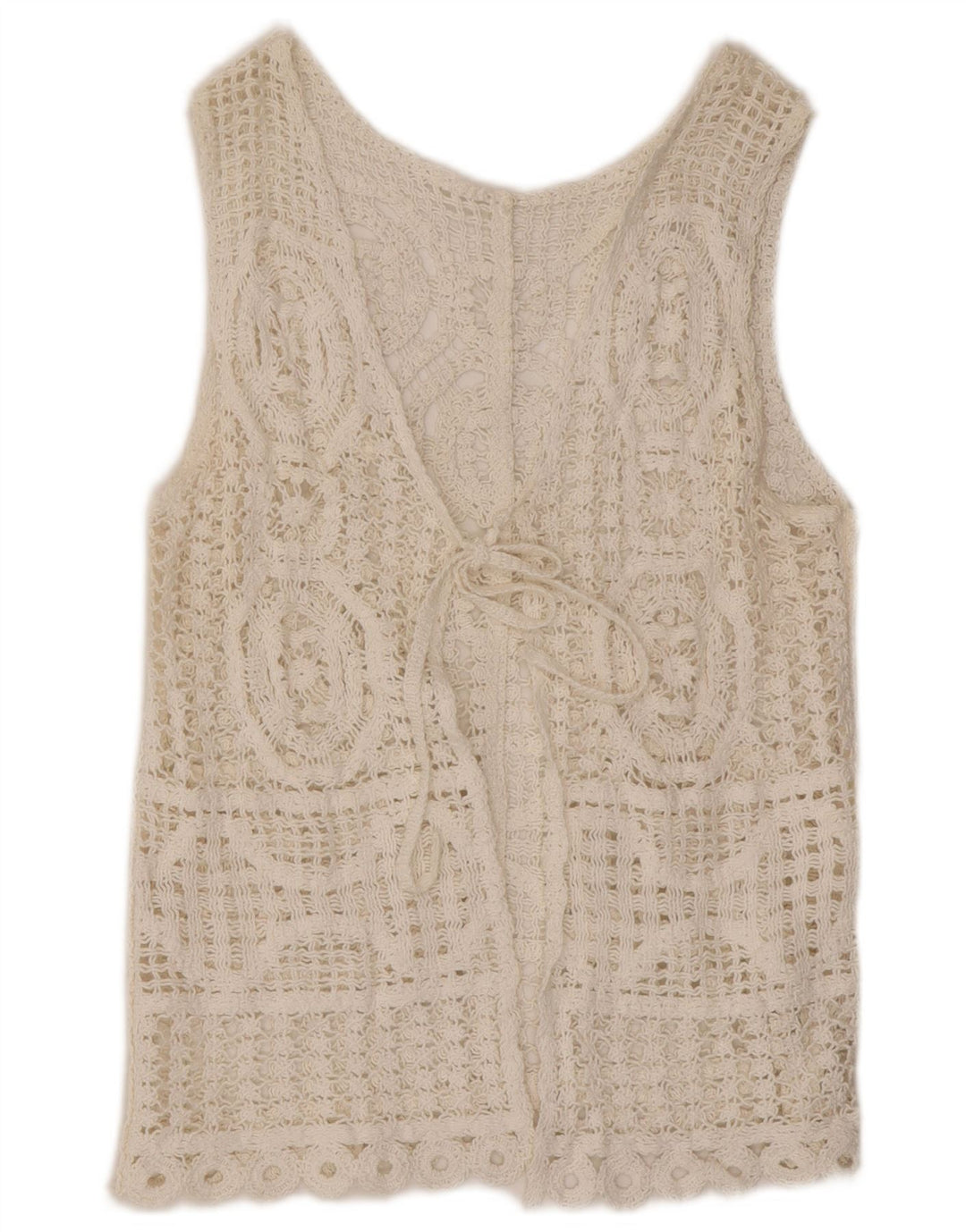 Top cardigan all'uncinetto senza maniche da donna vintage UK 14 bianco medio