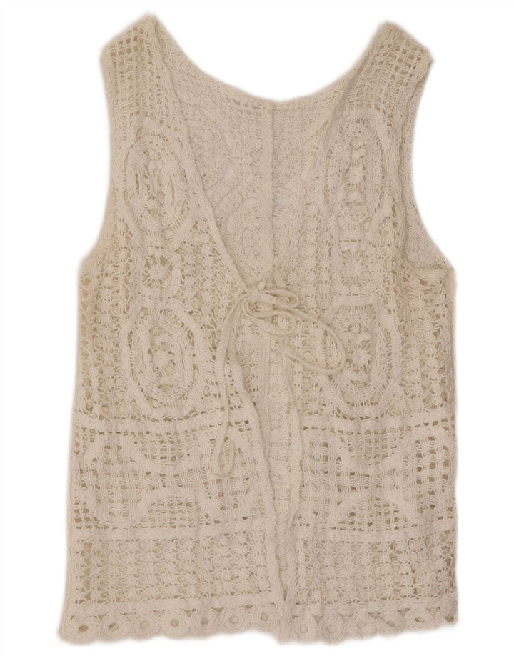 Top cardigan all'uncinetto senza maniche da donna vintage UK 14 bianco medio