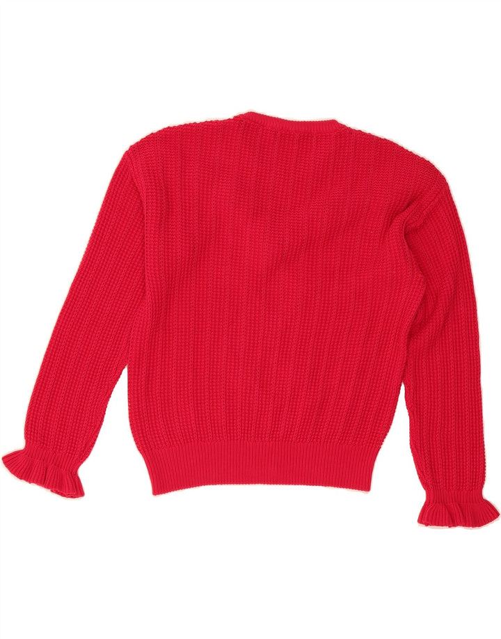 BENETTON Womens Ruffle Crew Neck Jumper Sweater UK 14 Medium Red Cotton Vintage Benetton and Second-Hand Benetton from Messina Hembry 