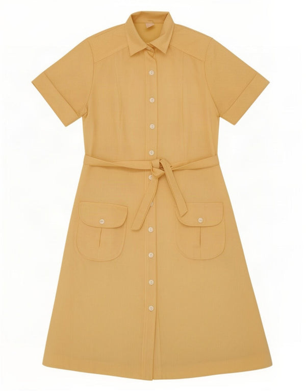 Abito camicia vintage da donna a maniche corte UK 12 gessato giallo medio