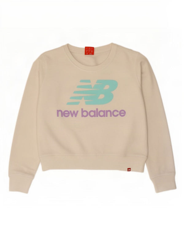 Felpa grafica corta da donna New Balance, maglione UK 14, cotone bianco medio