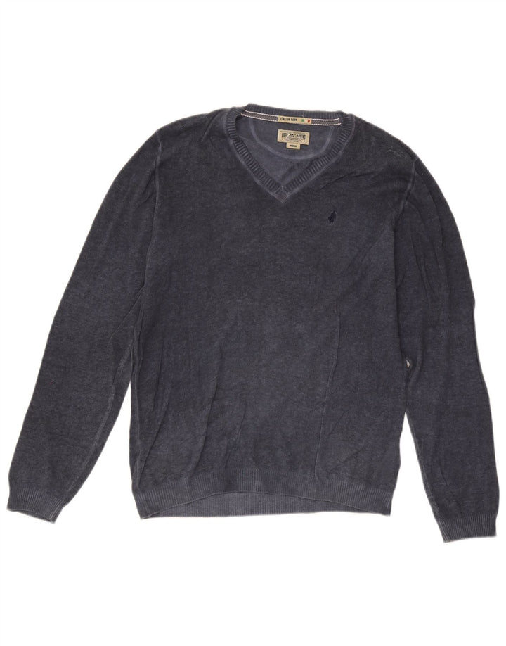 Maglione da uomo con scollo a V Marlboro Classics in cotone blu navy medio