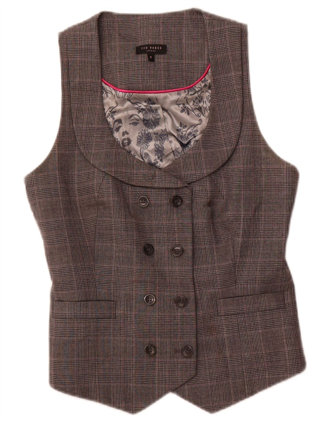 Gilet doppiopetto da donna TED BAKER taglia 2 piccolo in lana a quadri grigi