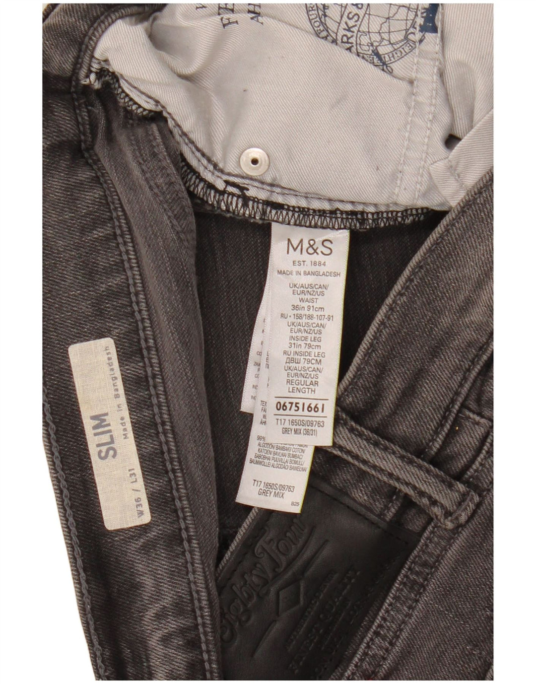 Jeans slim da uomo Marks & Spencer W36 L31 cotone grigio