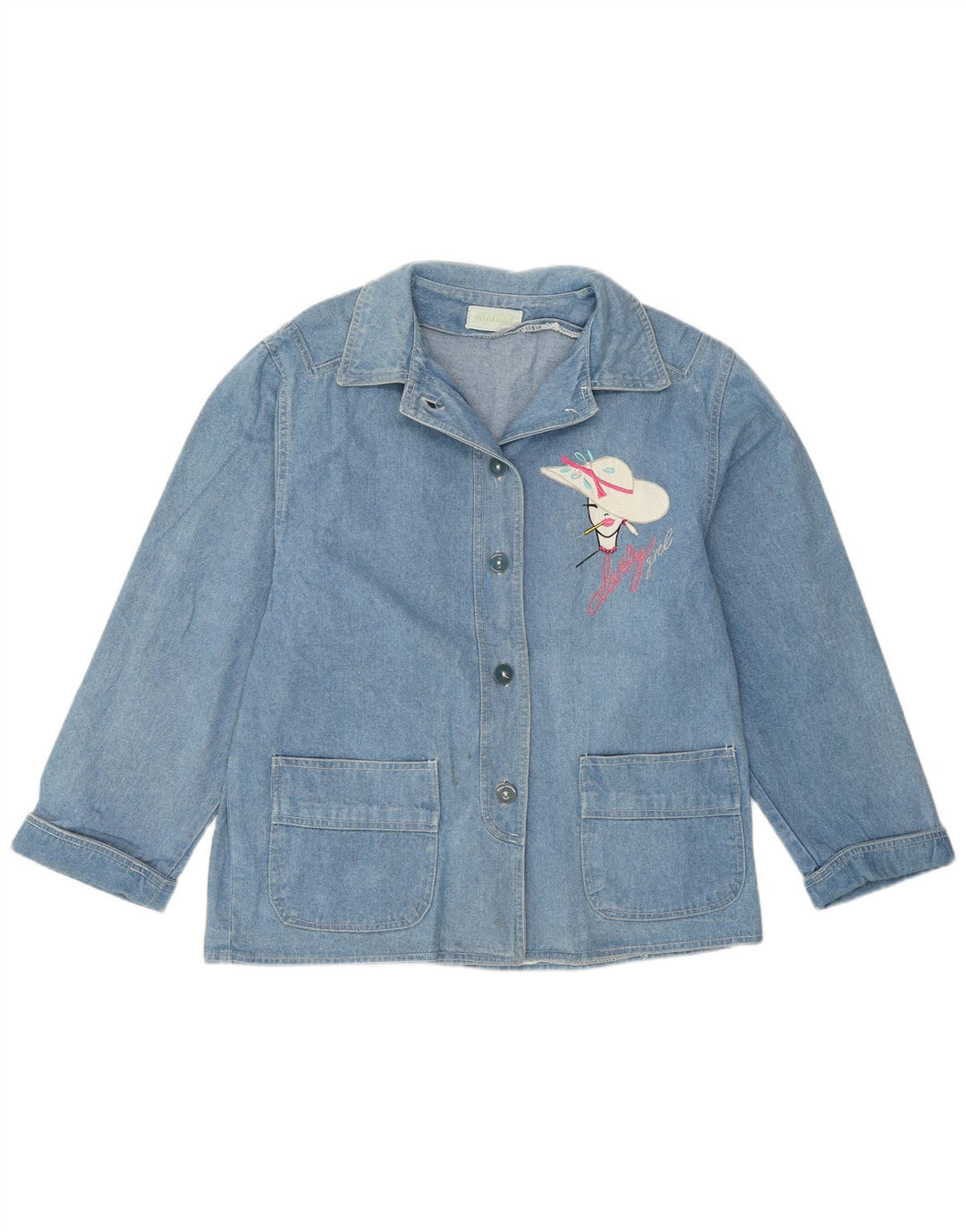 Giacca in denim con grafica vintage da donna UK 12 blu medio