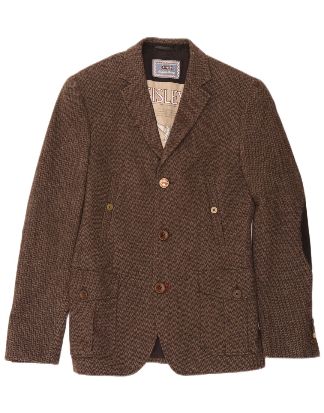 Giacca blazer da uomo a 3 bottoni Sisley IT 44 XS lana a spina di pesce marrone