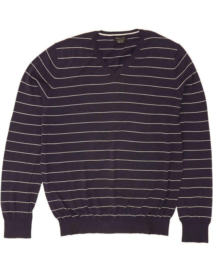 MASSIMO DUTTI Mens V-Neck Jumper Sweater XL Navy Blue Striped Vintage Massimo Dutti and Second-Hand Massimo Dutti from Messina Hembry 