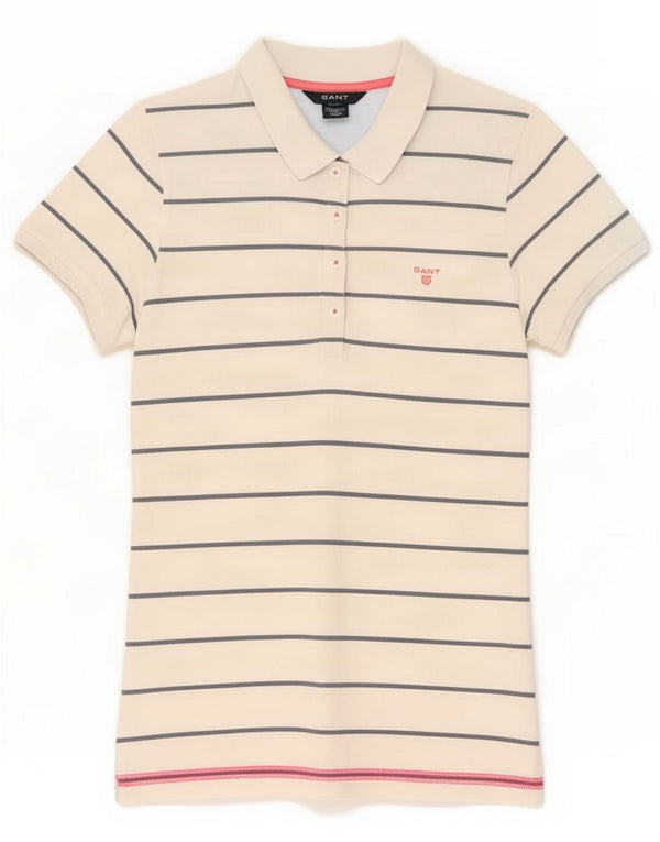 Gant Womens Polo Shirt UK 14 Large White Striped Cotton