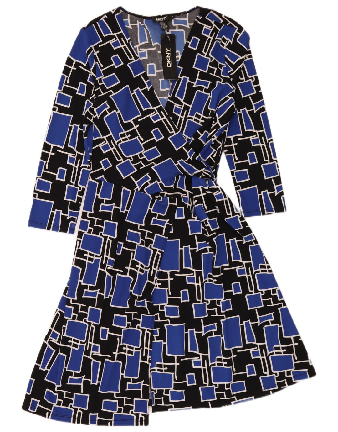 Abito Dkny da donna con maniche a 3/4, taglia unica, in poliestere geometrico blu