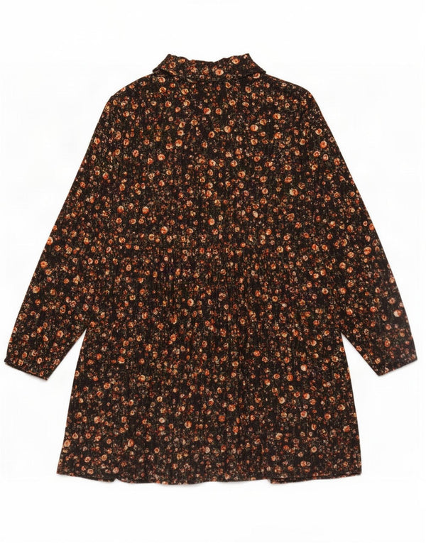 Zara Womens Long Sleeve Tiered Dress UK 14 Medium Black Floral Cotton