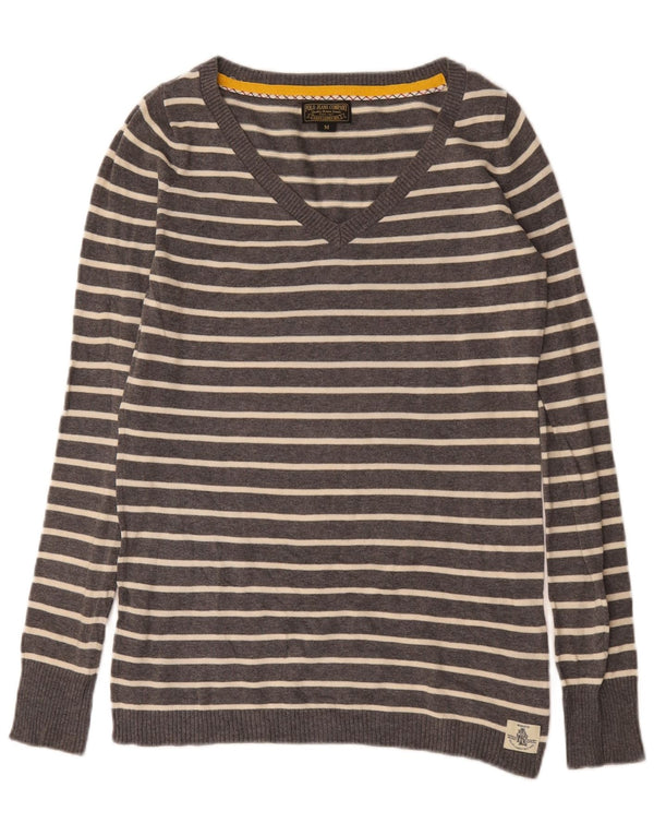 Maglione maglione con scollo a V da donna Ralph Lauren UK 14 Cotone a righe grigio medio