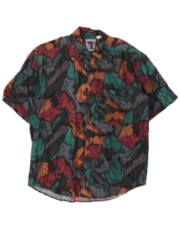 Camicia a maniche corte vintage da uomo con motivo astratto in seta media multicolore