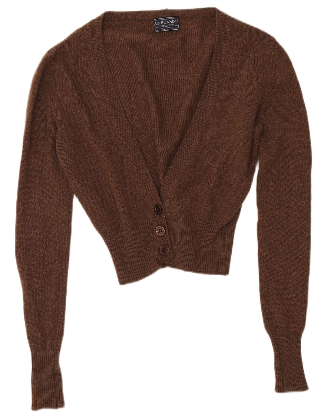 Maglione cardigan corto da donna VINTAGE UK 14 Lana d'agnello marrone medio