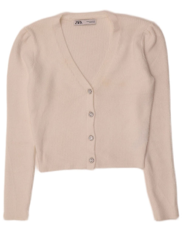 Maglione cardigan corto da donna Zara UK 12 nylon bianco medio