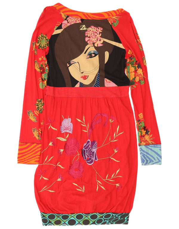 Desigual Abito a maniche lunghe grafico da donna UK 18 XL Cotone floreale rosso