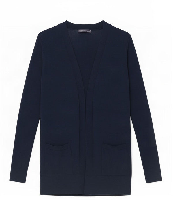 Maglione cardigan aperto da donna Marks & Spencer UK 10 piccolo cotone blu navy