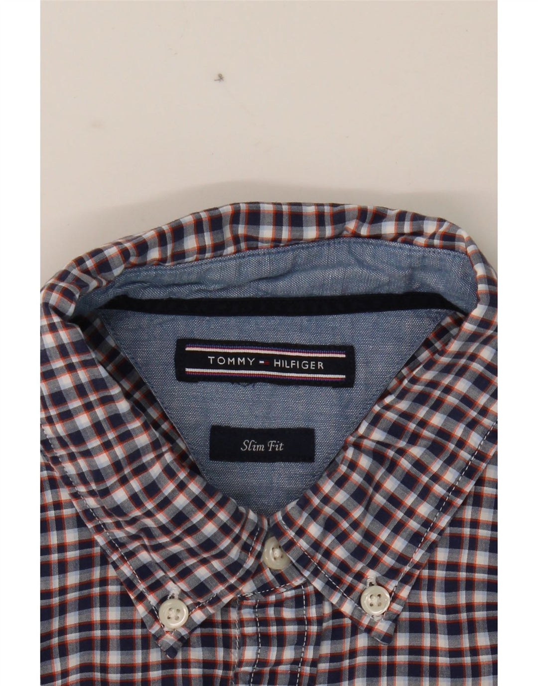 TOMMY HILFIGER Mens Slim Fit Shirt Medium Navy Blue Check Cotton