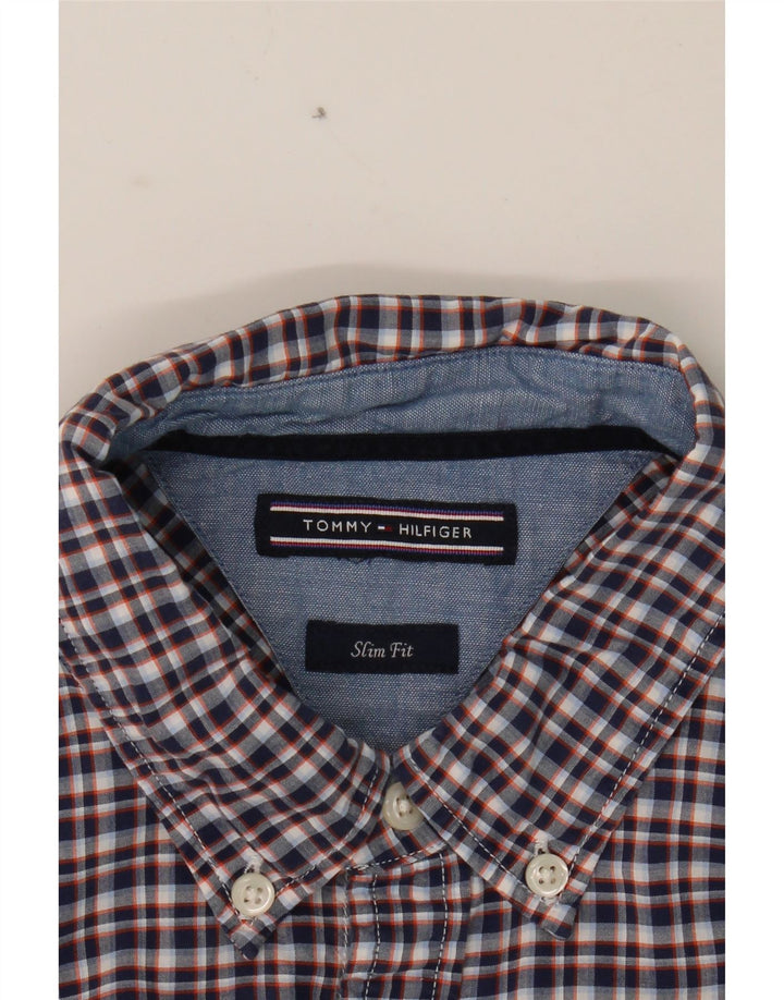 TOMMY HILFIGER Mens Slim Fit Shirt Medium Navy Blue Check Cotton