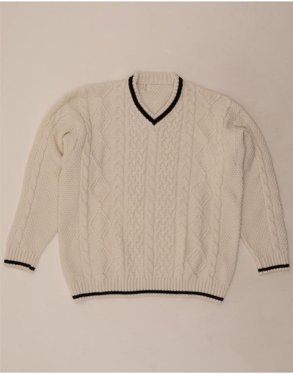 Maglione maglione vintage da donna con scollo a V UK 20/22 XL acrilico bianco