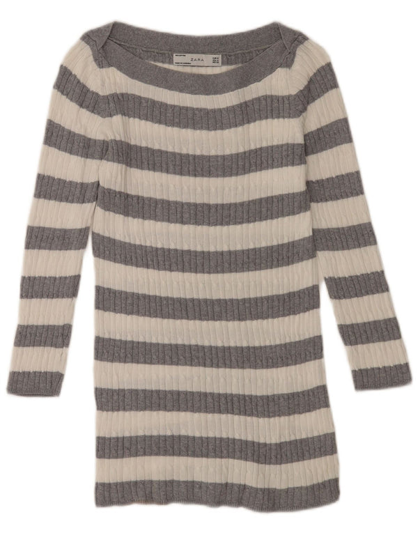 Maglione maglione con scollo a barca da donna Zara UK 12 Cotone a righe grigio medio