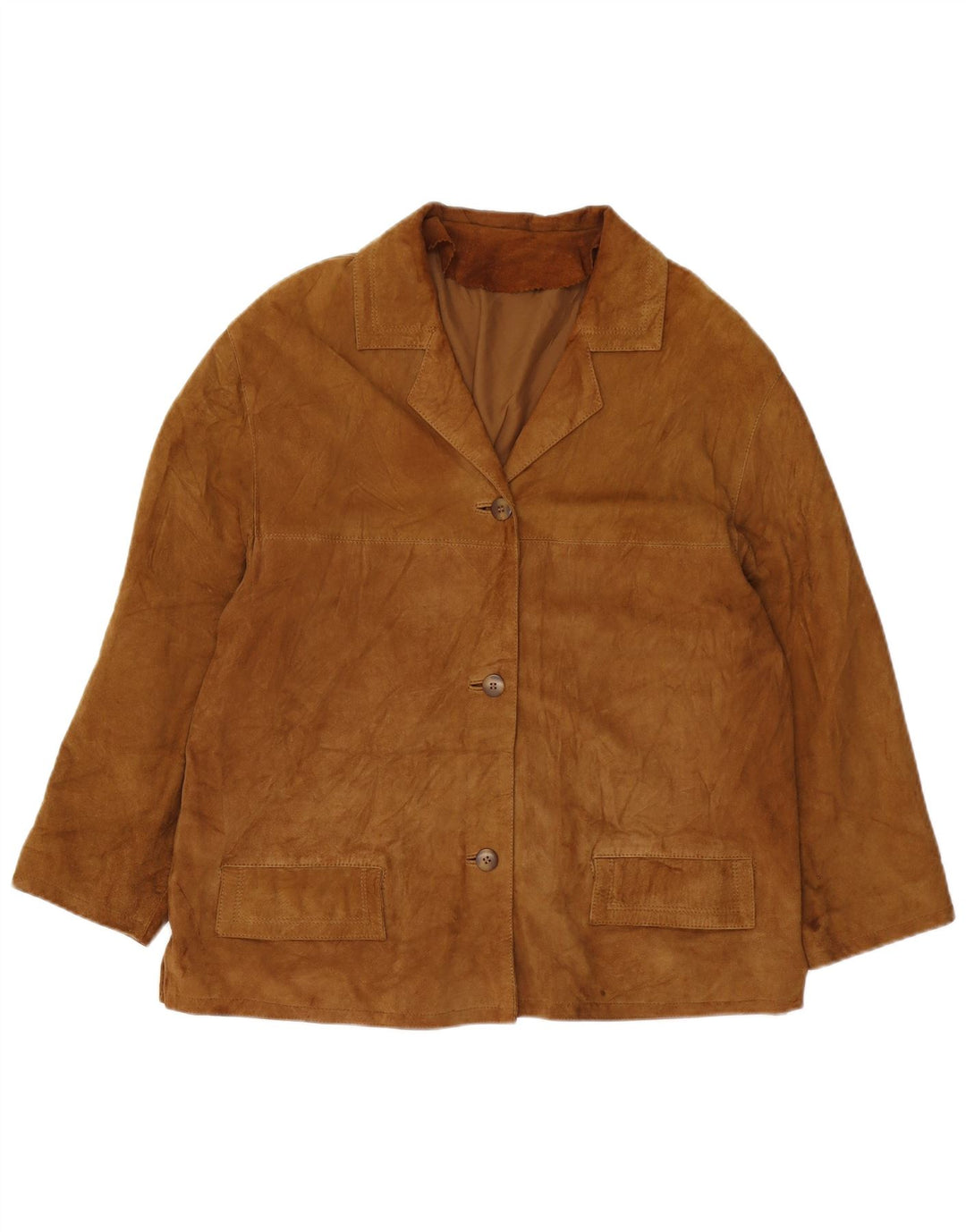 Giacca blazer in pelle scamosciata da donna a 3 bottoni VINTAGE UK 16 grande marrone