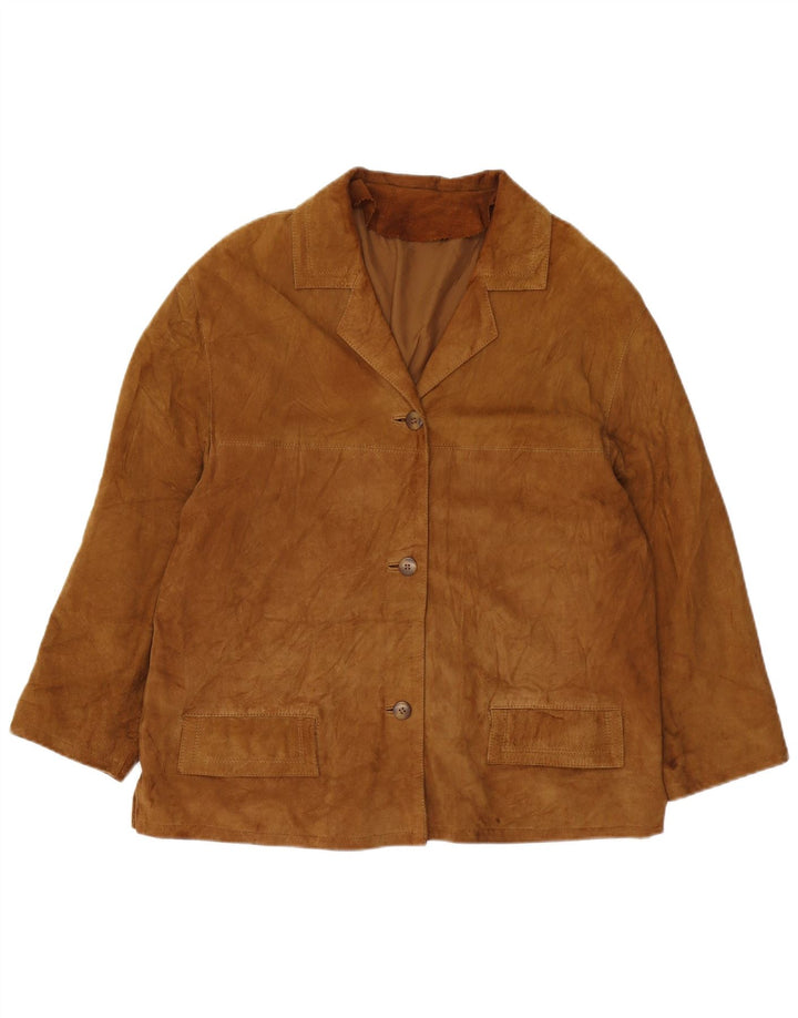 Giacca blazer in pelle scamosciata da donna a 3 bottoni VINTAGE UK 16 grande marrone