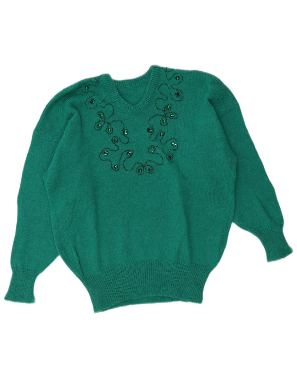 Maglione maglione vintage da donna con scollo a V UK 16 grande verde floreale