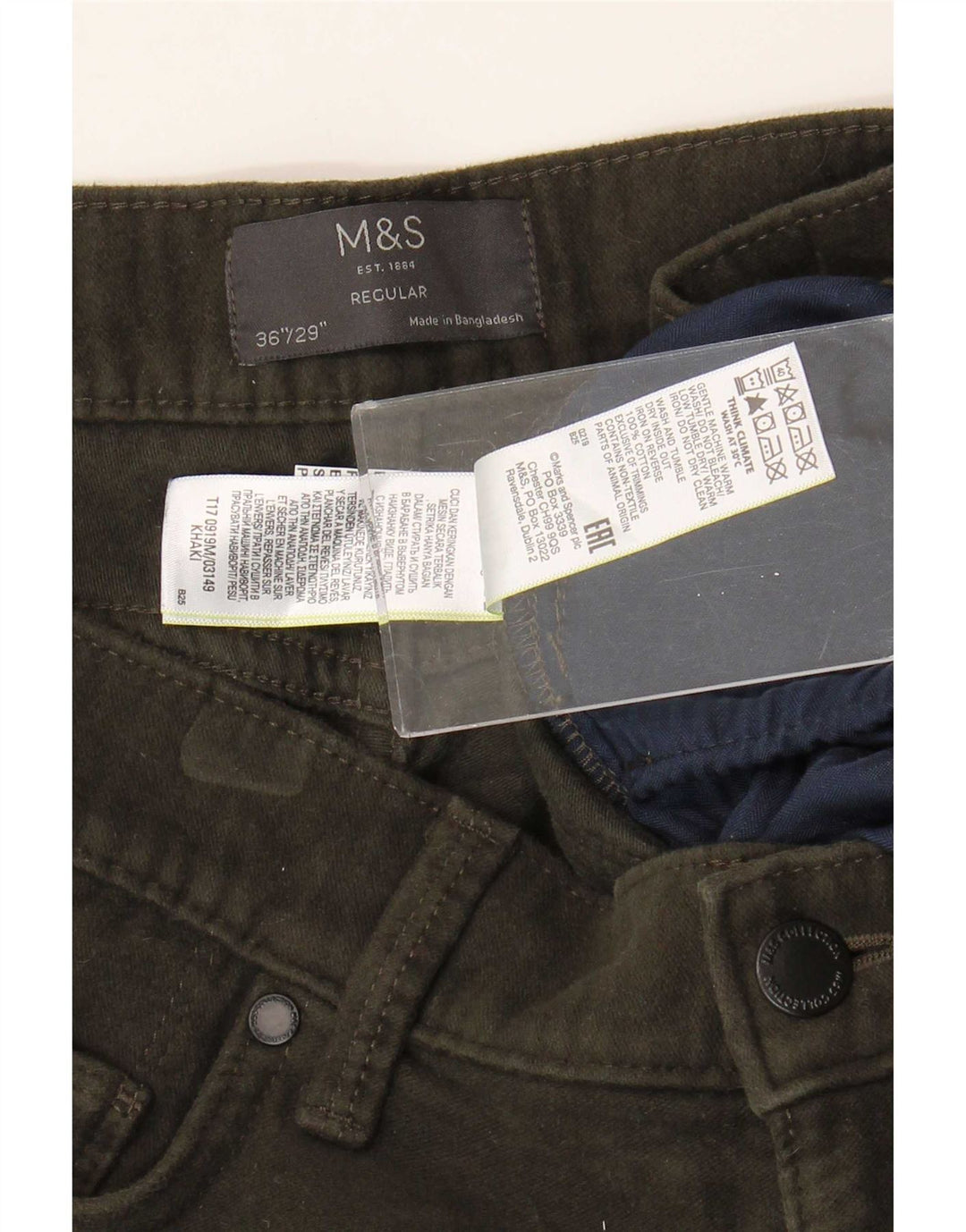 Jeans dritti vestibilità regolare da uomo Marks & Spencer W36 L29 cotone kaki