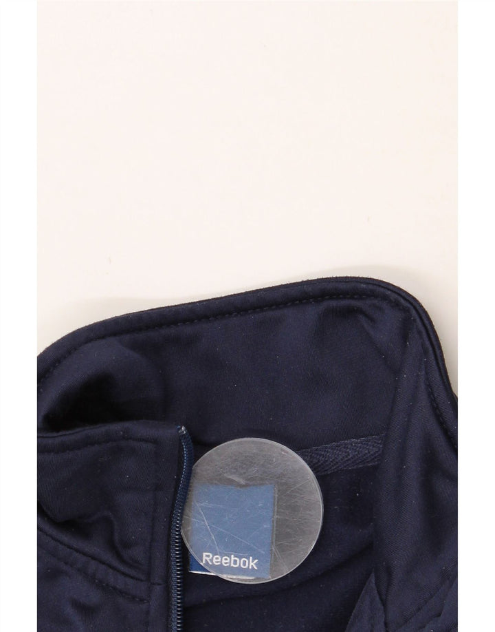REEBOK Boys Graphic Tracksuit Top Jacket 9-10 Years Navy Blue Polyester Vintage Reebok and Second-Hand Reebok from Messina Hembry 