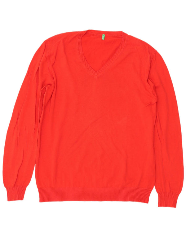 Maglione maglione con scollo a V da donna BENETTON UK 16 grande cotone rosso