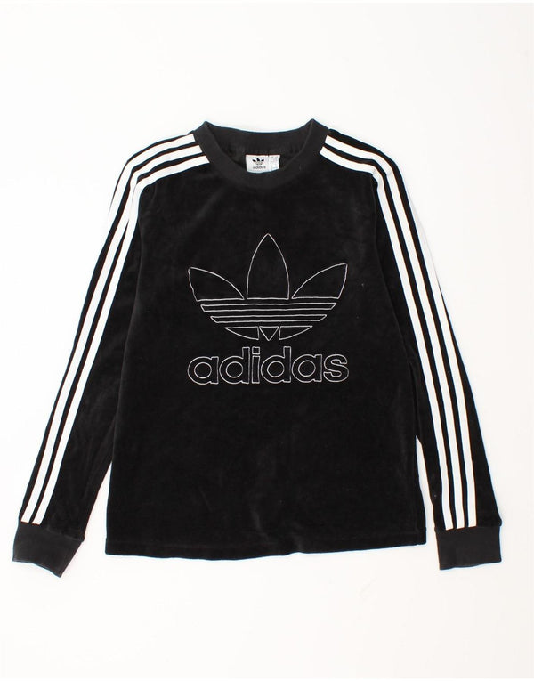 Adidas Donna Velour Graphic Top Manica Lunga UK 6 XS Cotone Nero