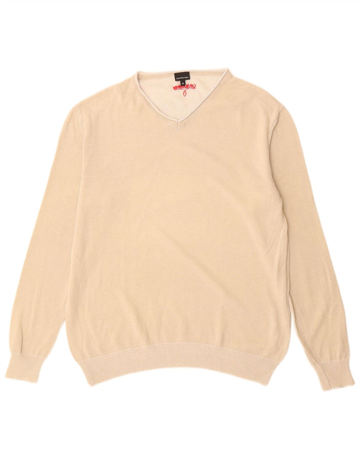 Maglione da uomo con scollo a V Calvin Klein Jeans in cotone beige medio