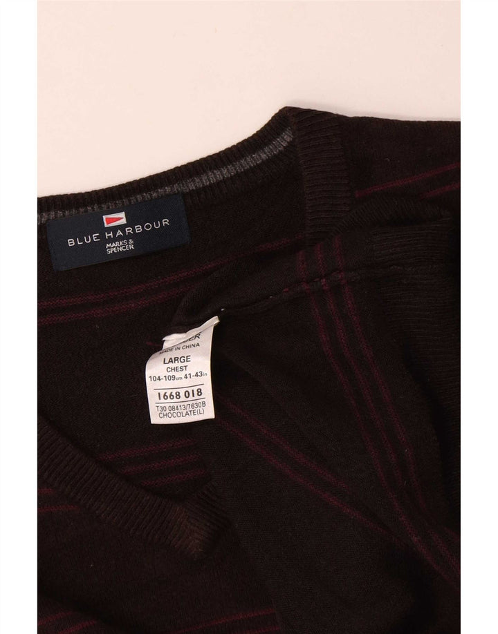 Marks & Spencer Maglione da uomo con scollo a V blu Harbour a righe marroni grandi