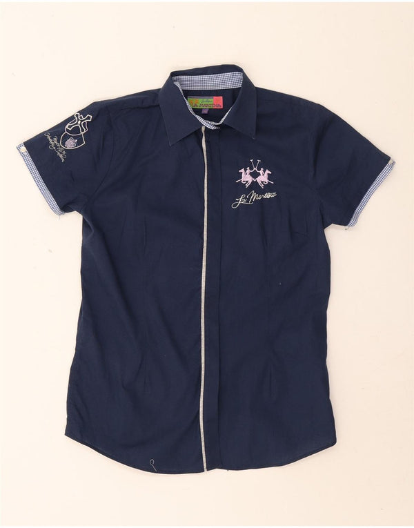 Camicia a maniche corte grafica da donna La Martina UK 18 XL Cotone blu navy