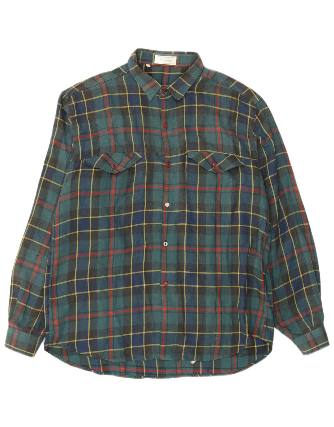 BENETTON Mens Flannel Shirt XL Green Check Cotton