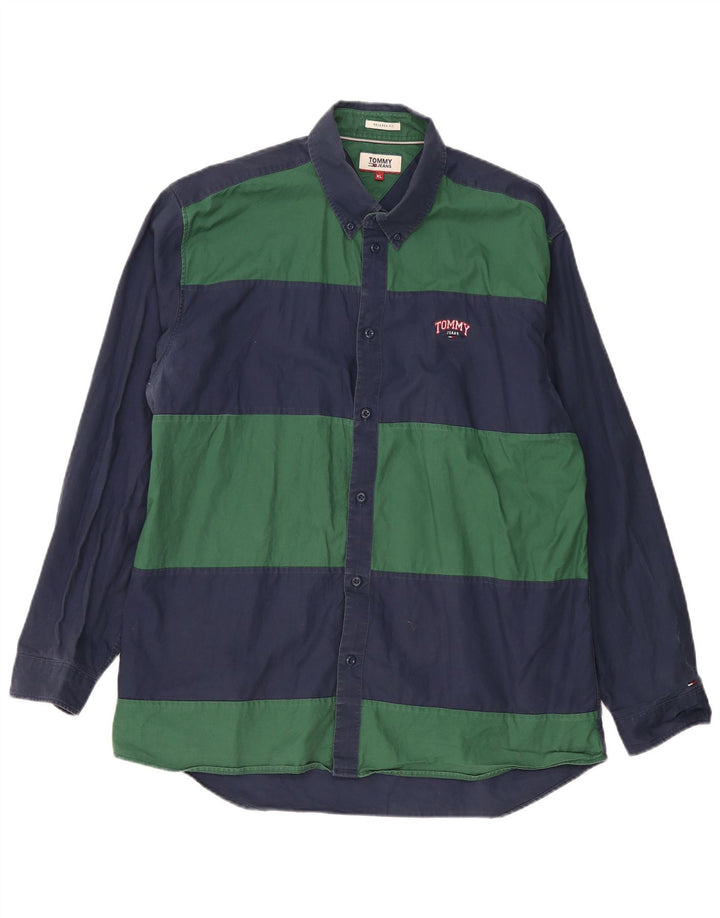 TOMMY HILFIGER Camicia da uomo dalla vestibilità rilassata XL in cotone color block blu navy