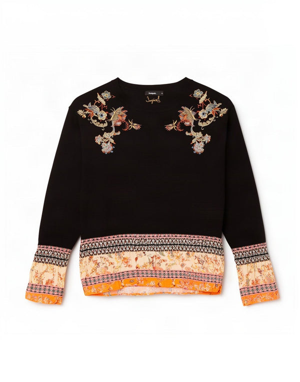 Desigual Donna Maglione con scollo a barchetta Maglione UK 12 Medio Nero Floreale