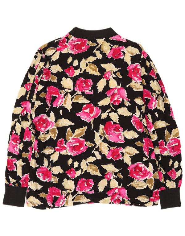 Top da donna vintage a maniche lunghe UK 14 viscosa floreale nera media