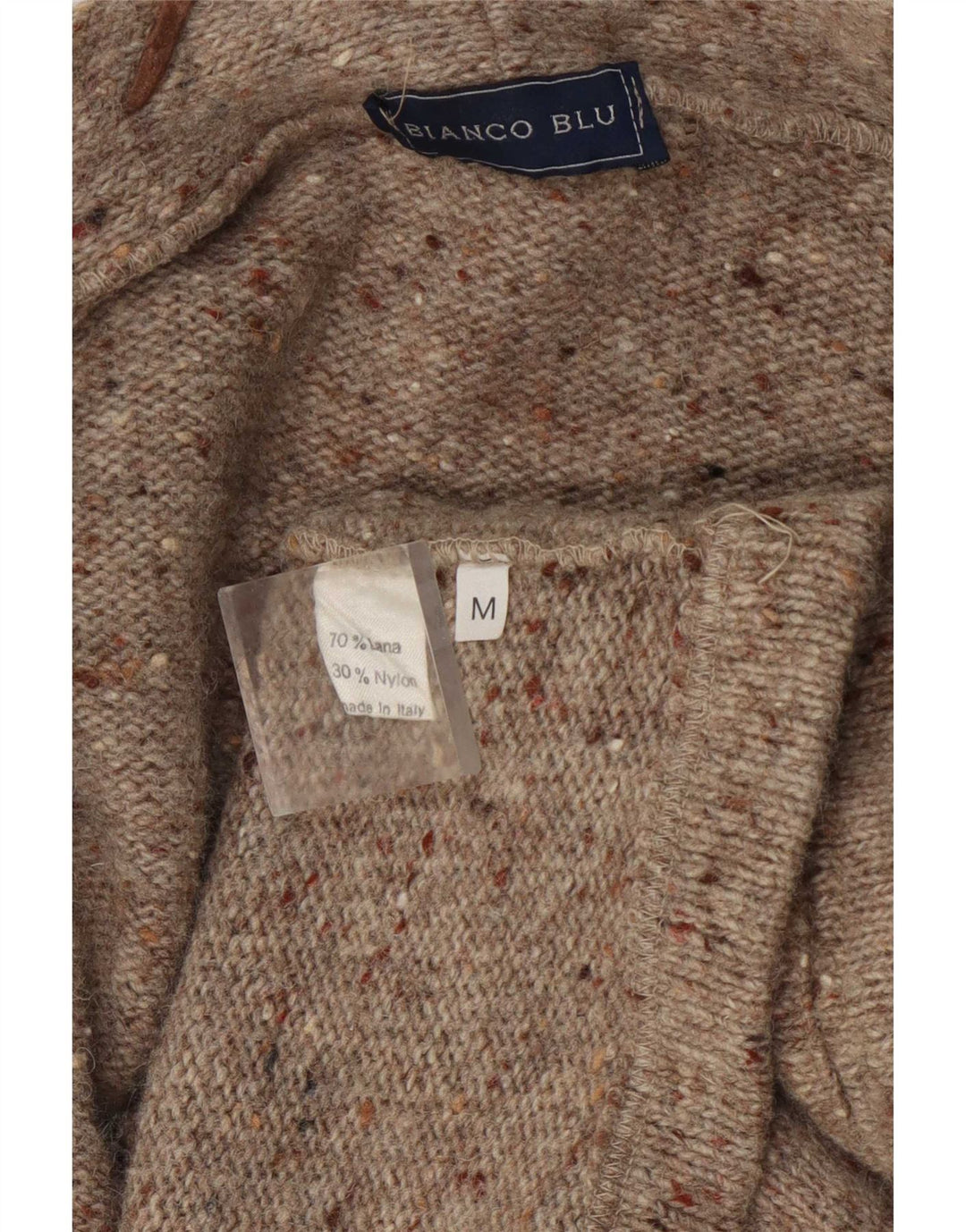 Maglione cardigan aperto da donna Bianco Blu UK 14 Lana screziata marrone medio