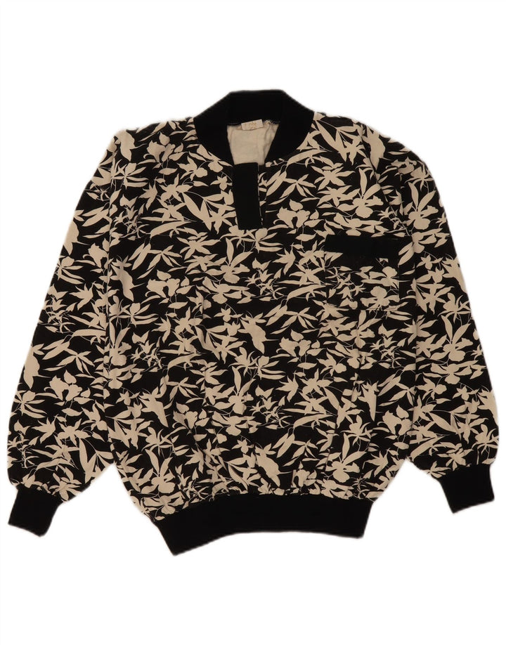 Felpa da donna vintage maglione UK 16 grande floreale nero