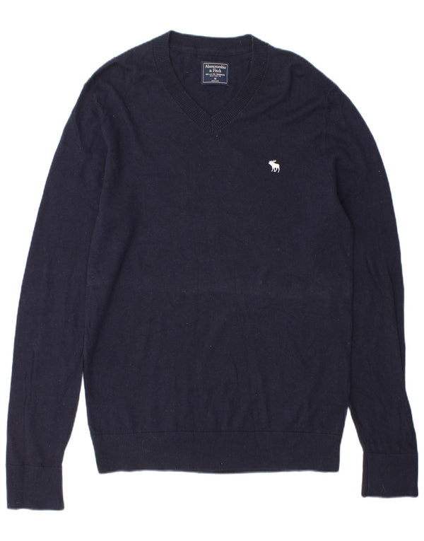 Maglione da uomo con scollo a V Abercrombie & Fitch in lana blu navy media