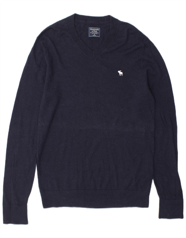 Maglione da uomo con scollo a V Abercrombie & Fitch in lana blu navy media