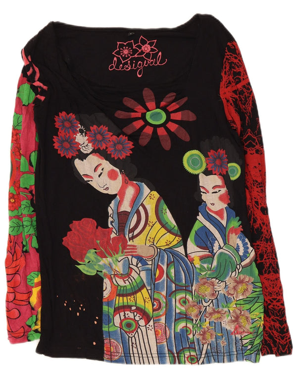 Desigual Donna Graphic Top Manica Lunga UK 14 Grande Nero Floreale