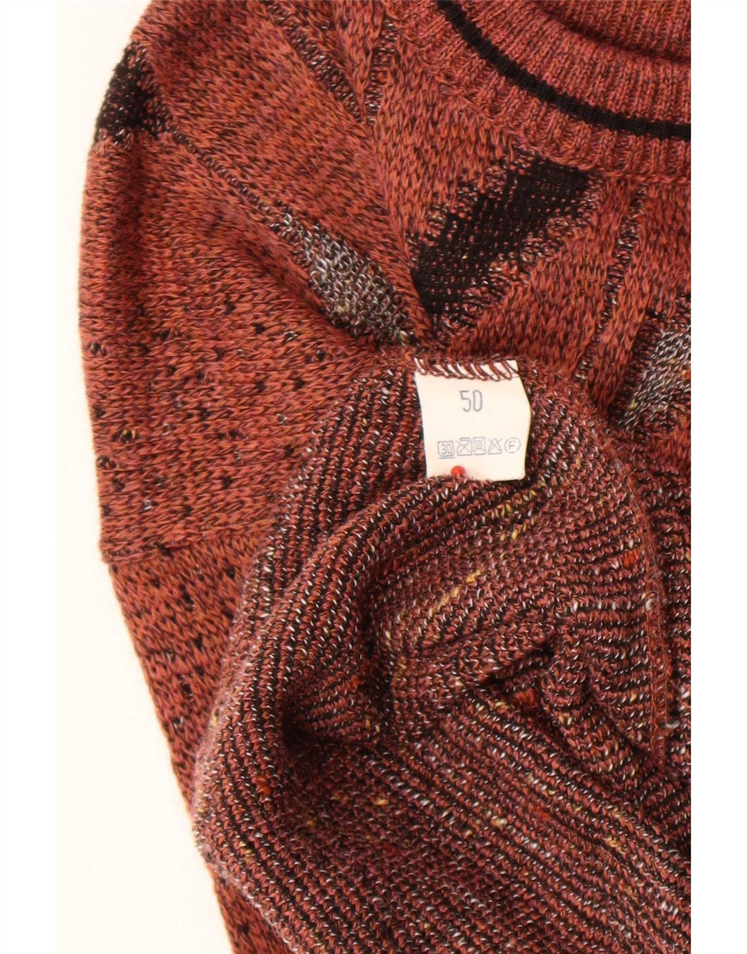 Maglione girocollo da uomo vintage IT 50 in lana geometrica marrone medio