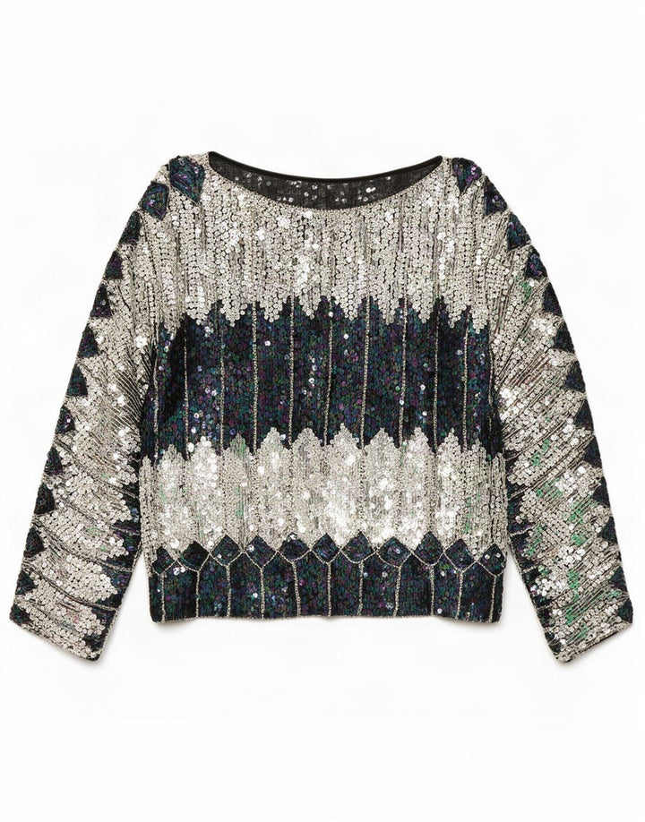 Top camicetta con paillettes vintage da donna UK 20 2XL blocco di colori multicolore