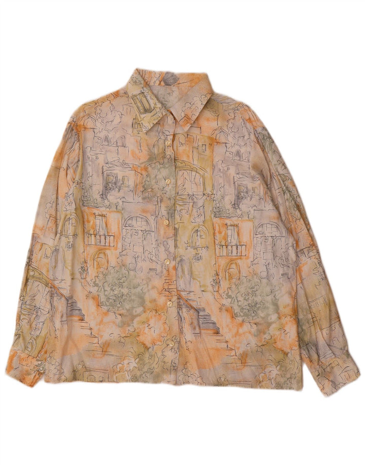 Camicetta grafica da donna vintage UK 16 grande blocco di colori multicolore